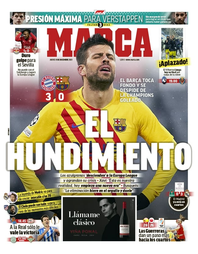 《馬卡報》打出了“沉淪”的大標題，表示巴薩降級到了歐聯盃，危機加深了